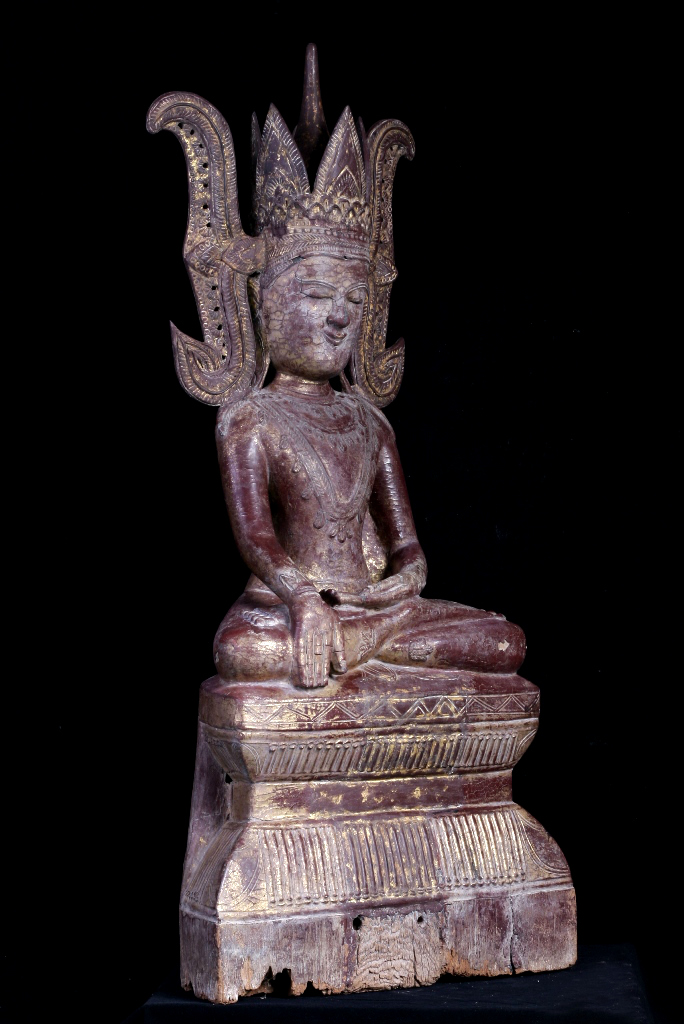 Extremely Rare 18C Wood Crowned Shan Burma Buddha #A090
